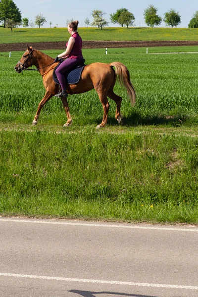 ドイツの田舎の春で馬に乗る女性 — ストック写真