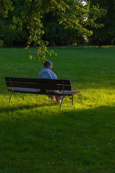 Senior Lady Sitting Park Bench Historical City South Germany Area — Stock Photo, Image