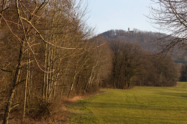 早期春天日落景观在农村农村在德国南部 — 图库照片