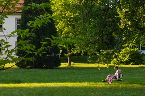 Starší Dáma Sedí Lavičce Parku Historické Město Jižním Německu Poblíž — Stock fotografie