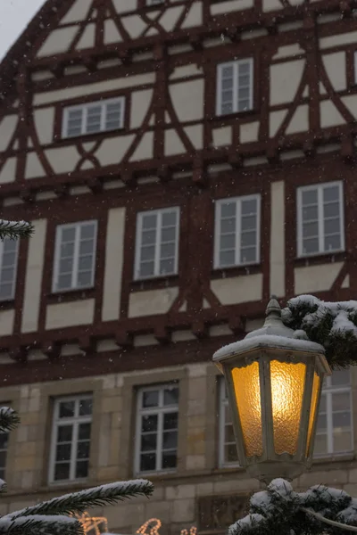 Hóesés Karácsony Piac Advent December Egy Történelmi Város Dél Németországban — Stock Fotó