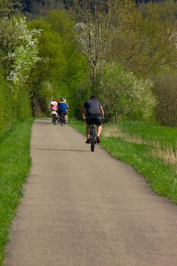 bisikletçi bir bikeway üzerinde ilkbaharda Güney Almanya mavi gökyüzü güneşli gün