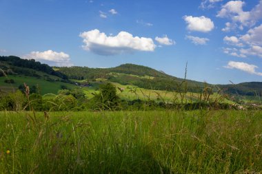 Bahar yeşil alanları mavi gökyüzü ve bulutlar bir dağlık güney Almanya kırsal kırsal manzara