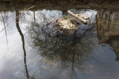 nehir yüzen nesneler ve küçük dalgalar halinde güneye Alman tarihi kent Doğu bahar yansıtma ile yüzey görünümü