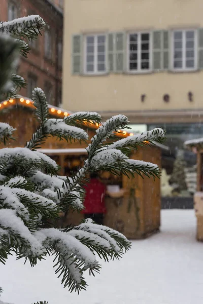 Queda Neve Mercado Natal Dezembro Advento Uma Cidade Histórica Alemanha — Fotografia de Stock