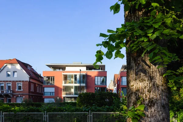 city buildings behind trees of city park avenue in south germany schwaebisch gmuend springtime