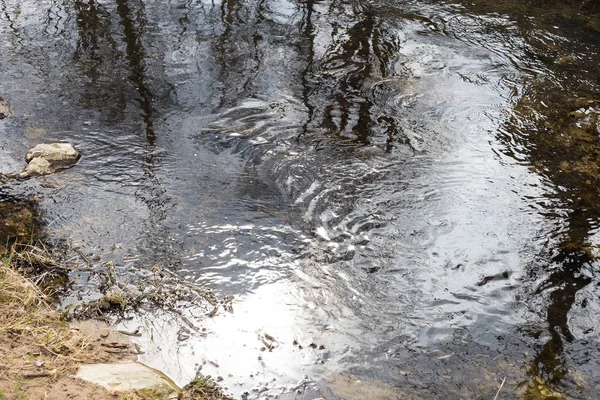 river floating surface view with mirroring objects and tiny waves in south german historical city at eastern springtime