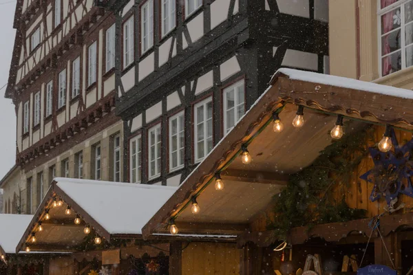 Snowfall Christmas Market Lights Lamps Decoration Historical Marketplace South Germany — Stock Photo, Image