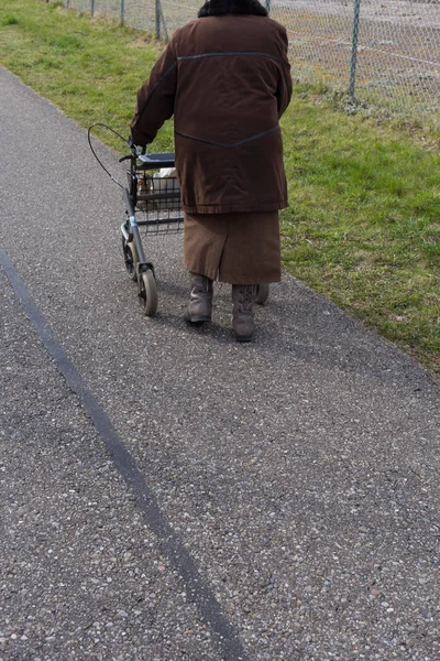 Senhora Sênior Com Rollator Uma Bicicleta Primavera Páscoa Sul Alemanha — Fotografia de Stock