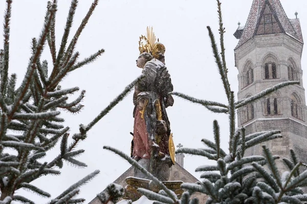 Schneefall Auf Dem Weihnachtsmarkt Advent Dezember Einer Historischen Stadt Süddeutschlands — Stockfoto