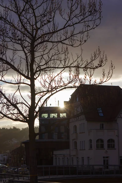 Horizonte Atardecer Ciudad Con Nubes Cielo Azul Sur Alemania Ubicación — Foto de Stock
