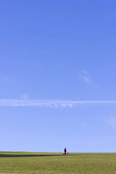 シュトゥットガルトとミュンヘンの南ドイツ田舎都市の近くで 月到来晴れた日に歩いて男と青い空のツリー風景します — ストック写真