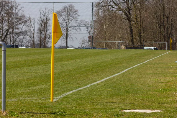 Campo Futebol Amador Com Gramado Verde Linhas Brancas Com Pólo — Fotografia de Stock