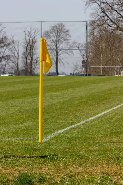 Campo Futebol Amador Com Gramado Verde Linhas Brancas Com Pólo — Fotografia de Stock