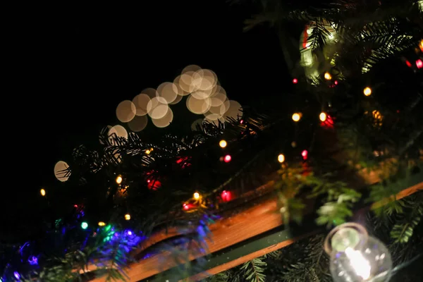 Navidad Llevó Luces Neón Estrellas Árboles Navidad Mercado Histórico Ciudad — Foto de Stock