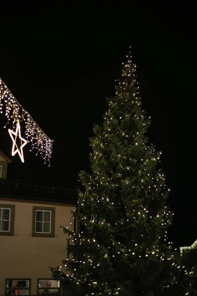 Kerst Leidde Neonlichten Sterren Xmas Bomen Historische Stad Markt Zuid — Stockfoto