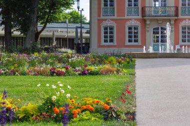 Rokoko castle adlı Şehir Parkı çiçek açan çiçekler, Güney Almanya şehir schwaebisch gmuend ilkbaharda, yeşil çim