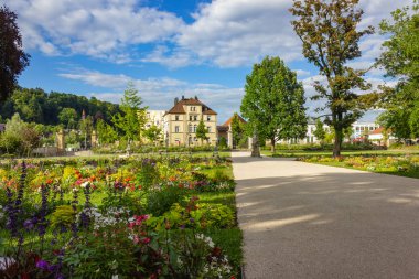 Şehir Parkı çiçek açan çiçekler, Güney Almanya şehir schwaebisch gmuend ilkbaharda, yeşil çim