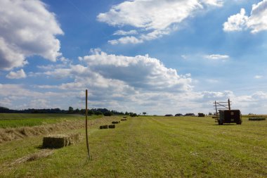 alan ile hey çatal ve makine city stuttgart yakınındaki Güney Alman kırsal mavi gökyüzü altında çiftlik