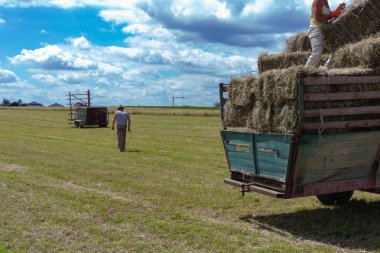 Yaz parlak gün römork traktör ve Güney Almanya kırsal kırsal çiftçi hasat