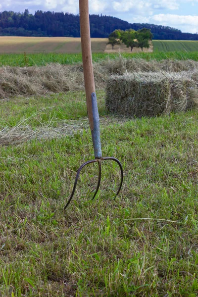 Boerderij Veld Met Hey Vork Machine Onder Blauwe Hemel Zuid — Stockfoto