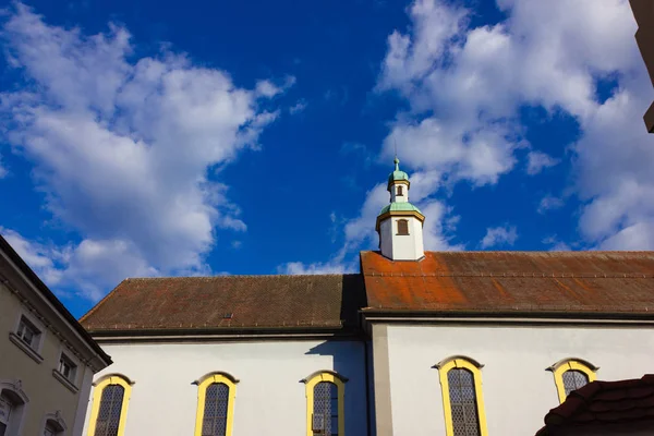 Catholich Church Blue Yellow Facade Blue Sky Sunshine Springtime Day — Stock Photo, Image