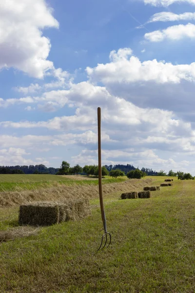 Farm Field Hey Fork Machine Blue Sky South German Countryside — Stock Photo, Image