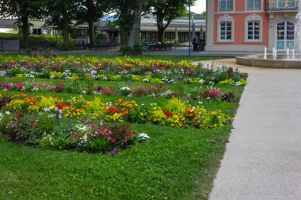 都市公園花が咲く南ドイツ都市 Schwaebisch Gmuend の春の緑の芝生でロココ城 — ストック写真