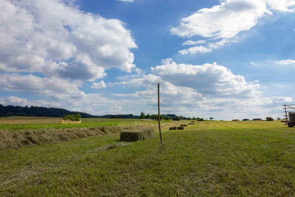 Farm Field Hey Fork Machine Blue Sky South German Countryside — Stock Photo, Image