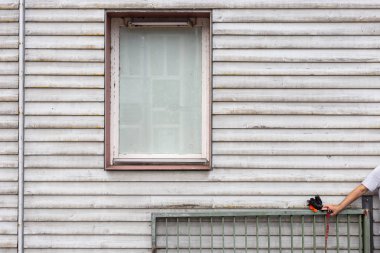 adam köpeğiyle ahşap cephe oluşturmadan önce bekliyor