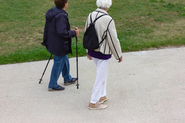 Casal Sênior Com Bengalas Parque Cidade Alemã Tarde Outono — Fotografia de Stock