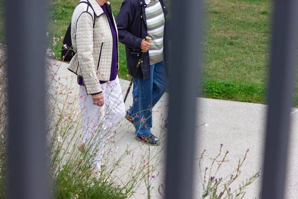 Seniorenpaar Mit Spazierstöcken Herbstnachmittag Stadtpark — Stockfoto