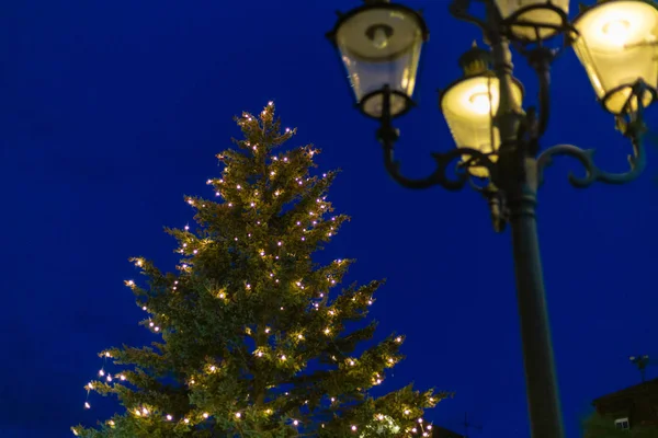 Árbol Navidad Luces Mercado Advenimiento Diciembre Azul Hora Cielo Sur — Foto de Stock