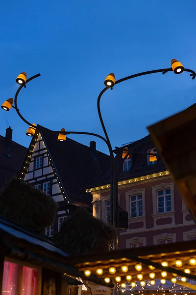 Lumières Noël Sur Place Marché Avent Décembre Ciel Heure Bleue — Photo