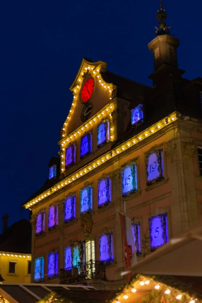 Ayuntamiento Luces Navidad Mercado Advenimiento Diciembre Cielo Hora Azul Sur — Foto de Stock