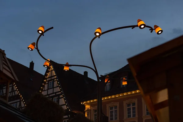 Luces Navidad Mercado Advenimiento Diciembre Cielo Hora Azul Sur Alemania — Foto de Stock