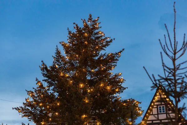 Árbol Navidad Luces Mercado Advenimiento Diciembre Azul Hora Cielo Sur — Foto de Stock