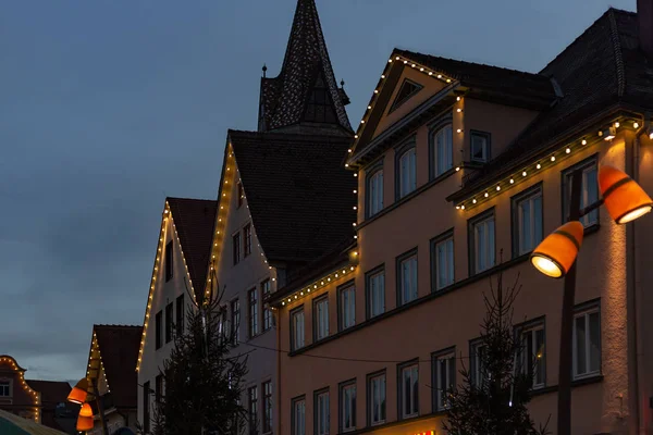 Julbelysning Marknadsföra Förlägger Advent December Blå Timme Himlen Södra Tyskland — Stockfoto