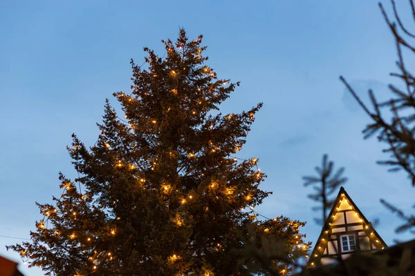 Різдвяні Вогні Дерева Ринку Місце Появою Гру Синє Небо Годину — стокове фото