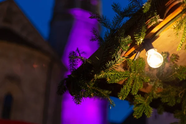 Luces Del Puesto Del Mercado Navidad Detalles Como Lámparas Colores — Foto de Stock