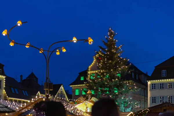 Luzes Stall Mercado Natal Detalhes Como Lâmpadas Coloridas Decoração Presentes — Fotografia de Stock