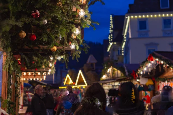 Luces Del Puesto Del Mercado Navidad Detalles Como Lámparas Colores — Foto de Stock