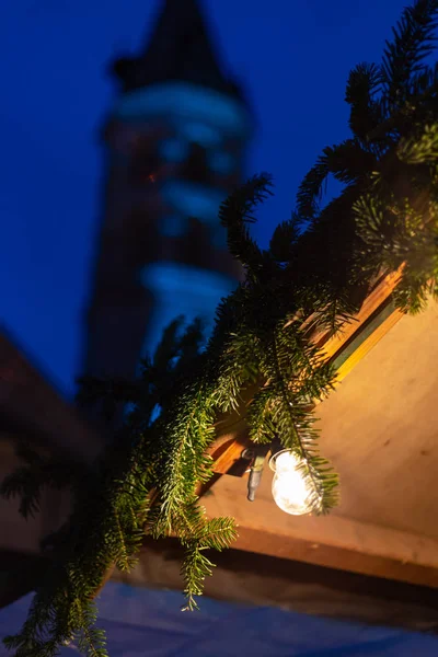 Kerstverlichting Marktkraam Details Zoals Kleurrijke Lampen Decoratie Geschenken — Stockfoto