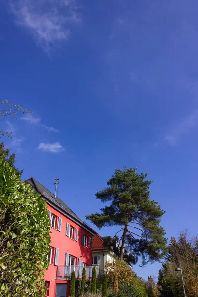 Maison Rouge Avec Arbre Ciel Bleu Dans Campagne Allemande Sud — Photo