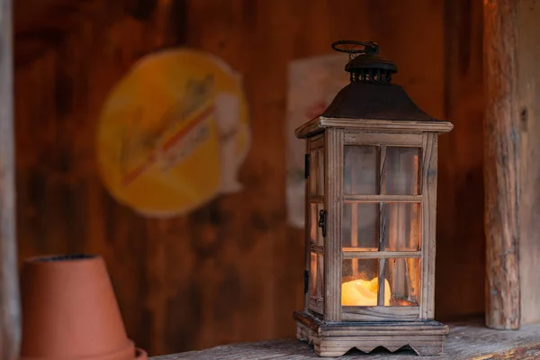 wooden lamp with candle on christmas market in advent december month