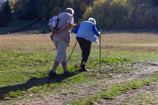 üst düzey çift açık baston ile sonbahar Ekim Güney Almanya'da egzersiz
