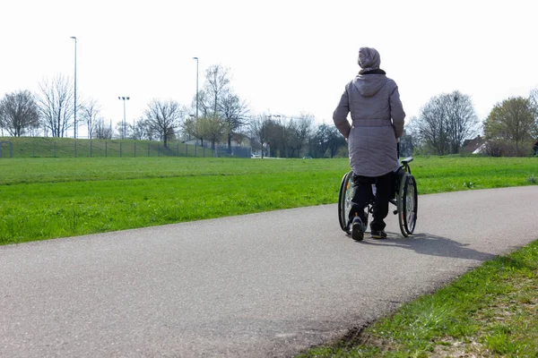 Senior Lady Pushing Wheelchair Bikeway South Germany Springtime — Stock Photo, Image