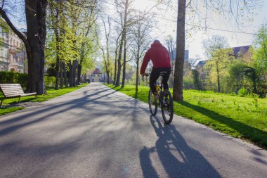 Şehir parkında genç bir bisikletçi.