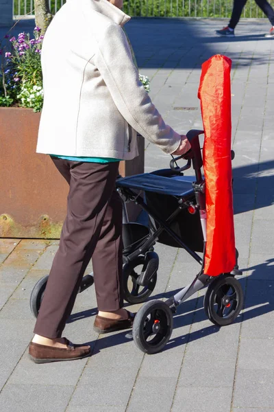 Lady med rollatorn i stadsparken — Stockfoto