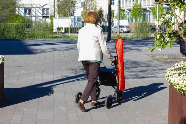 Señora con rollator en el parque de la ciudad — Foto de Stock